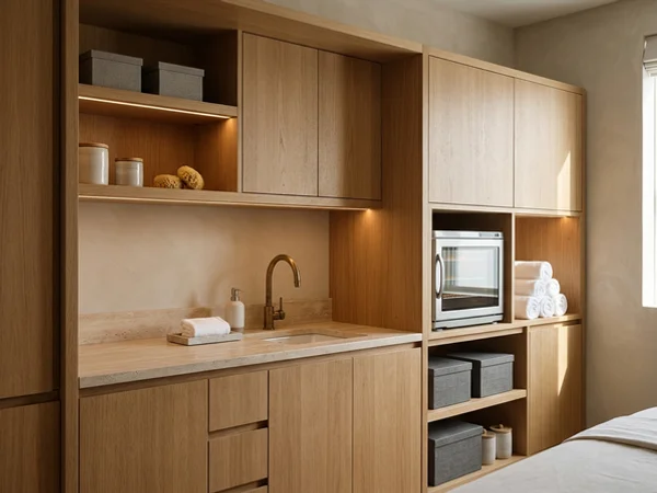Spa treatment room cabinetry with a towel warmer niche
