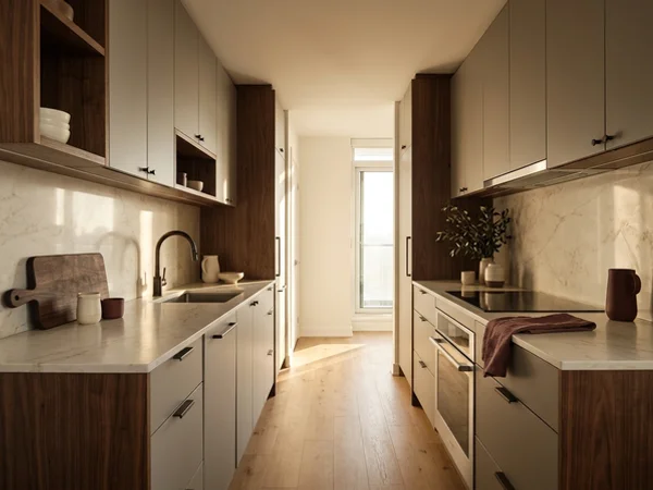 Standard SKU galley kitchen in warm grey