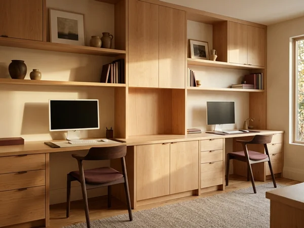 Two-person maple desk wall with a printer cabinet