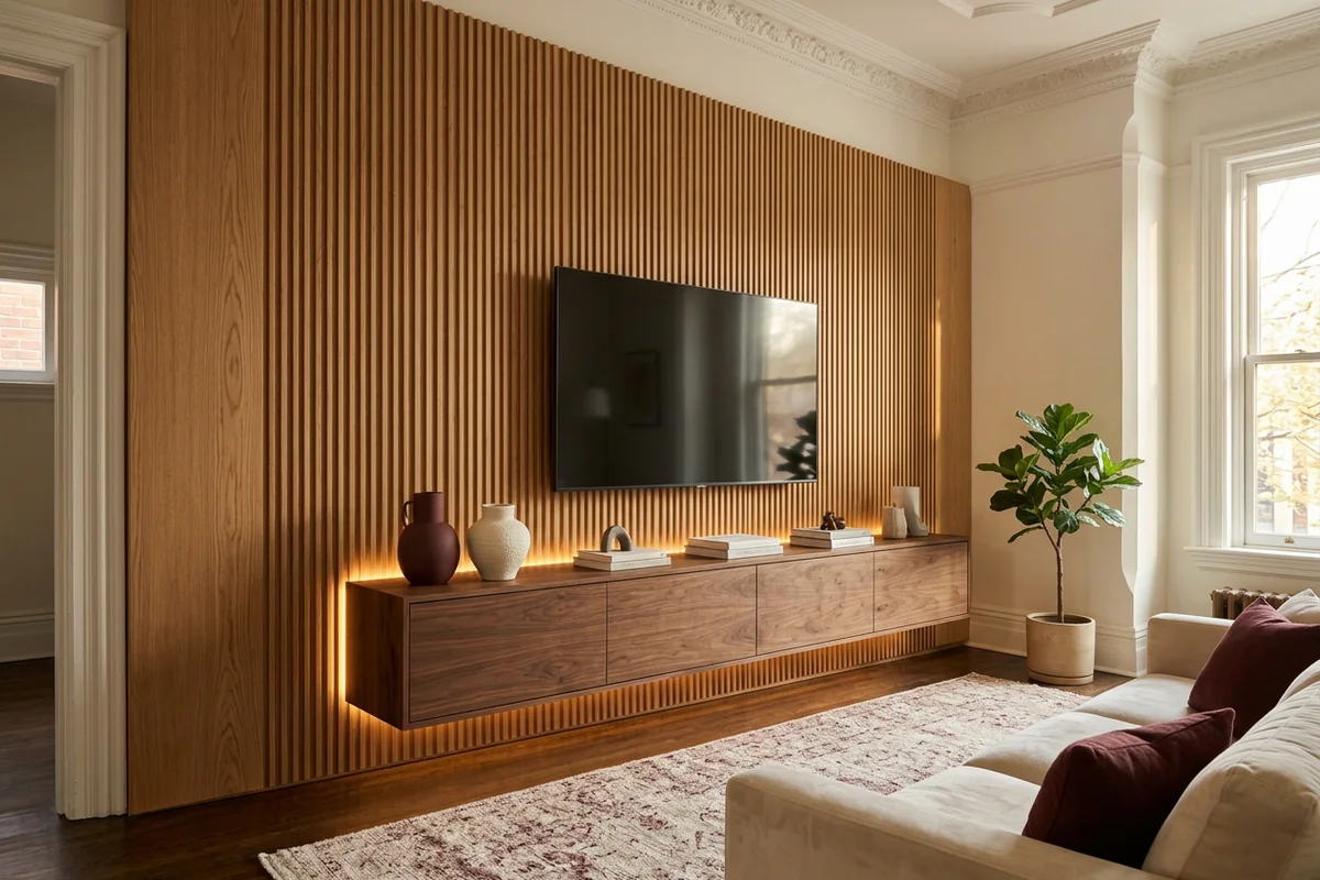White oak fluted feature wall with a floating walnut cabinet